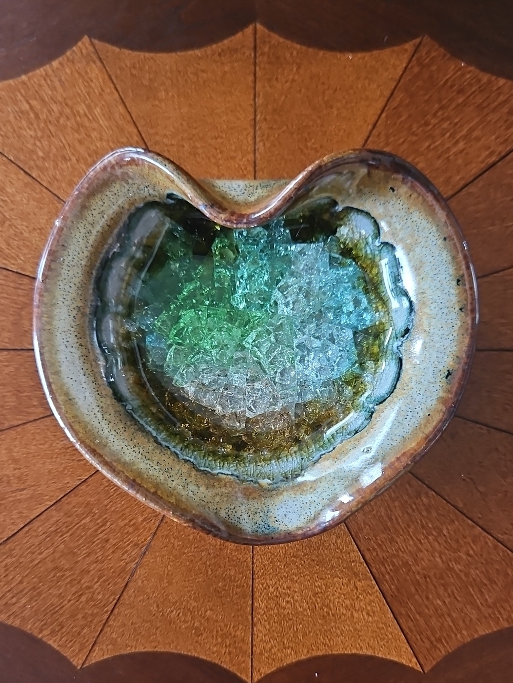 Vintage Studio Pottery Heart Trinket Dish Fused Crackle Glass Center MCM